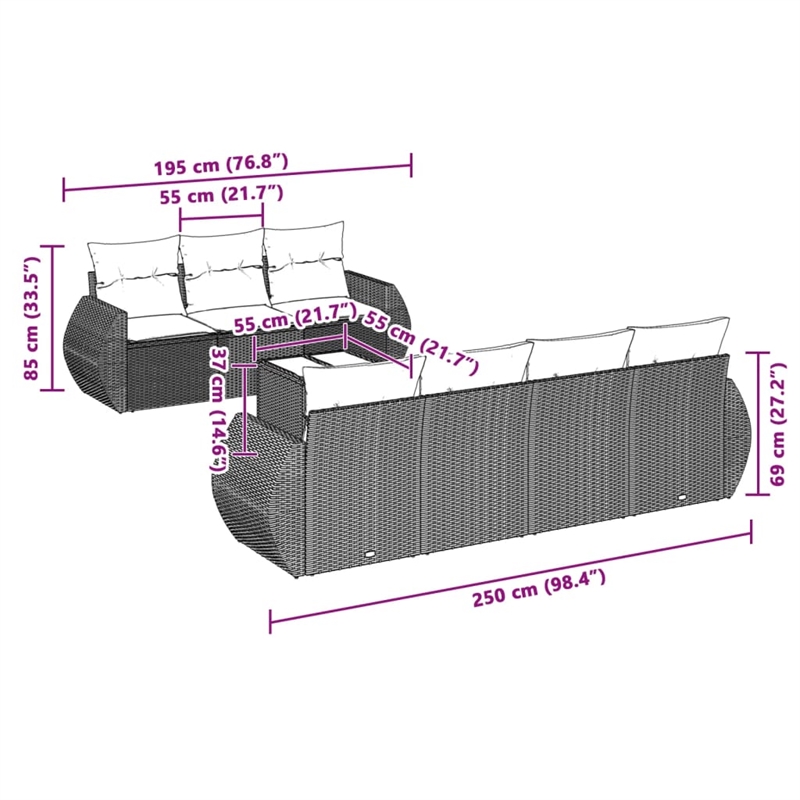 Afuera Living Contemporary 8 Piece Poly Rattan Sofa Set in Gray