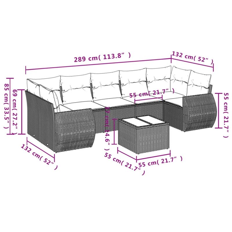 Afuera Living Contemporary 8 Piece Poly Rattan Sofa Set in Gray