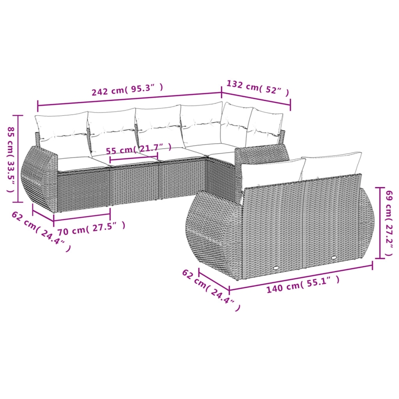 Afuera Living Contemporary 7 Piece Poly Rattan Sofa Set in Gray