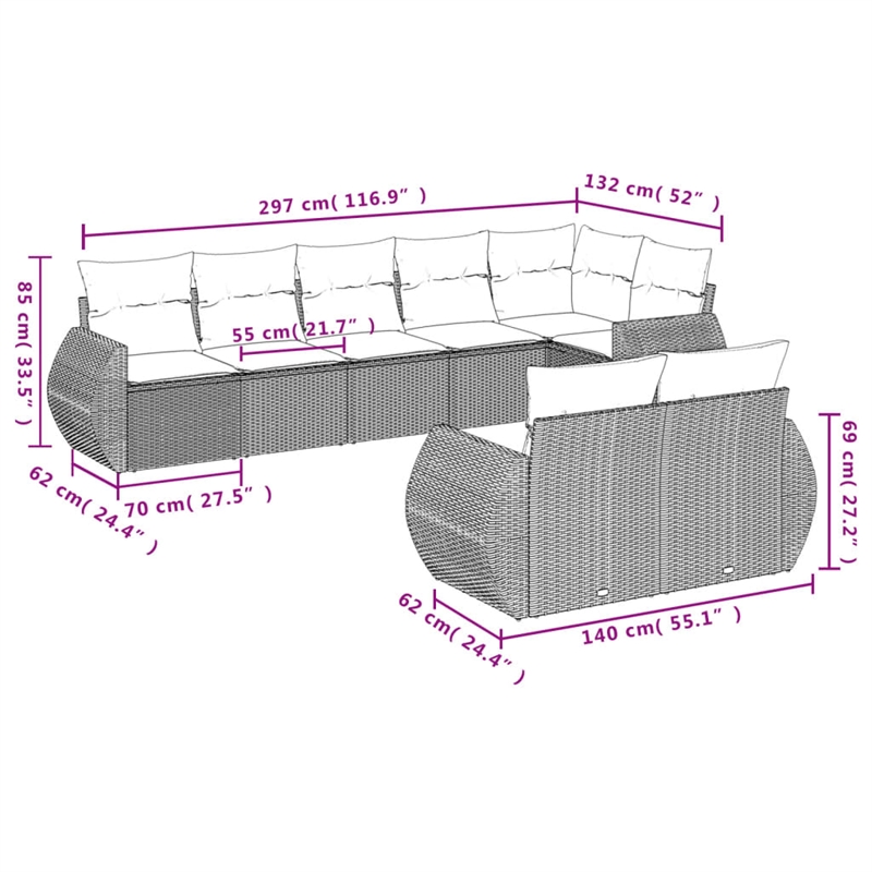 Afuera Living Contemporary 8 Piece Poly Rattan Sofa Set in Cream/Beige