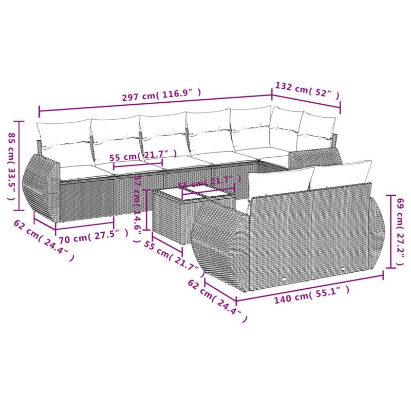 Afuera Living Contemporary 9 Piece Poly Rattan Sofa Set in Gray