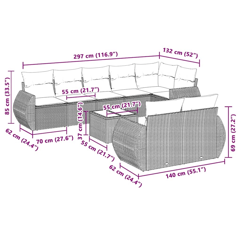 Afuera Living Contemporary 9 Piece Poly Rattan Sofa Set in Gray