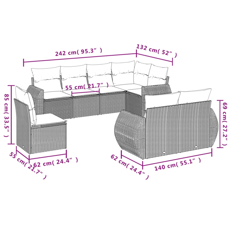Afuera Living Contemporary Synthetic Poly Rattan 8 Piece Sofa Set in Beige
