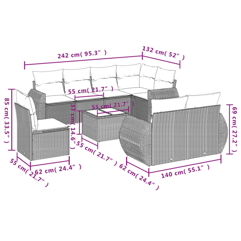 Afuera Living Contemporary 9 Piece Poly Rattan Sofa Set in Gray
