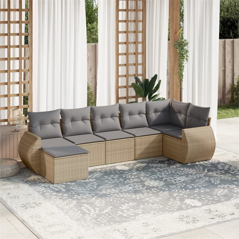 Afuera Living Contemporary 7 Piece Poly Rattan Sofa Set in Gray/Beige