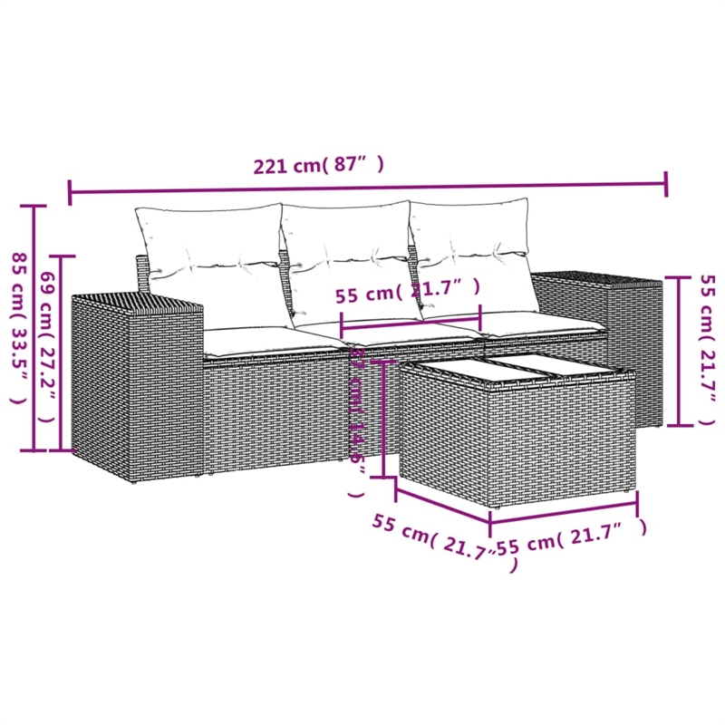 Afuera Living Contemporary 4 Piece Poly Rattan Small Sofa Set in Gray