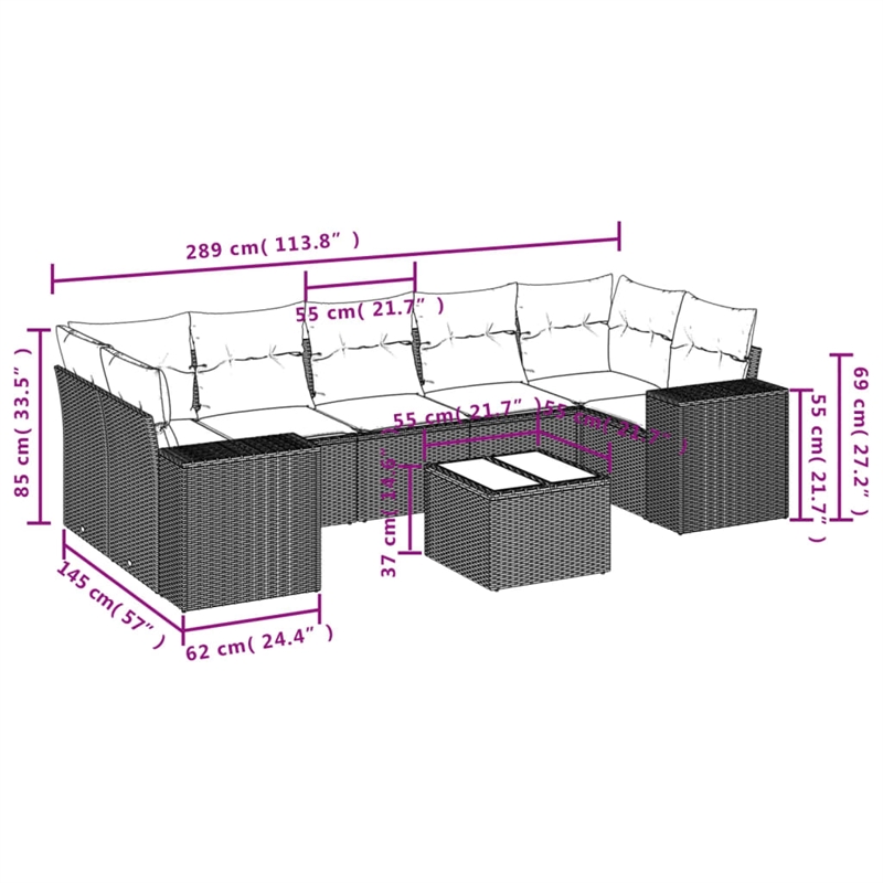 Afuera Living Contemporary Synthetic Poly Rattan 8 Piece  Sofa Set in Gray