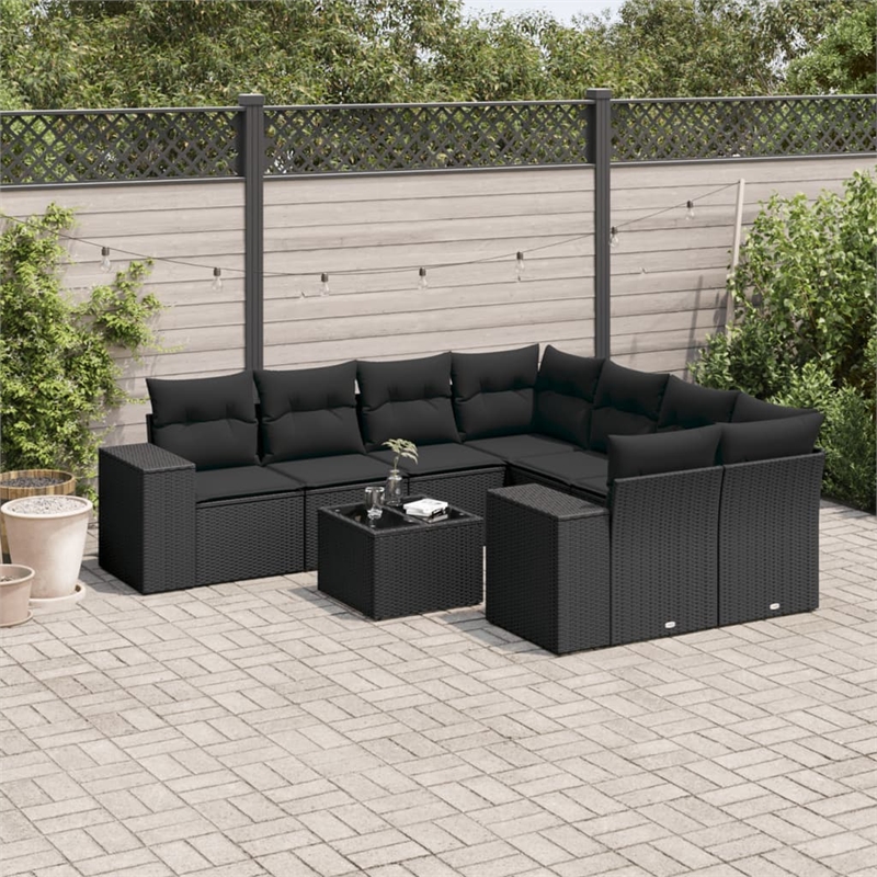 Afuera Living Contemporary 9 Piece Poly Rattan Sofa Set in Black