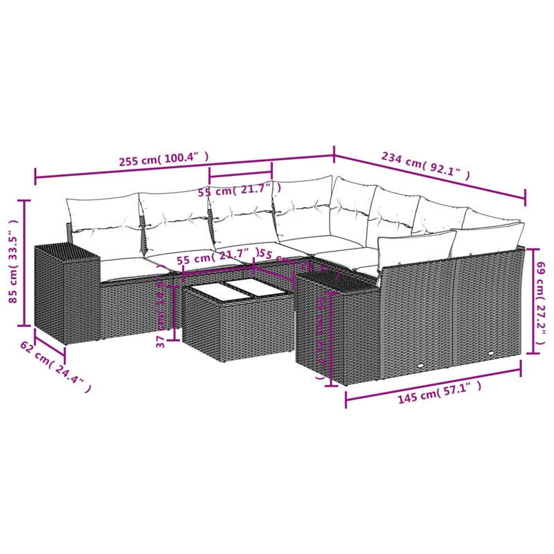 Afuera Living Contemporary 9 Piece Poly Rattan Sofa Set in Black
