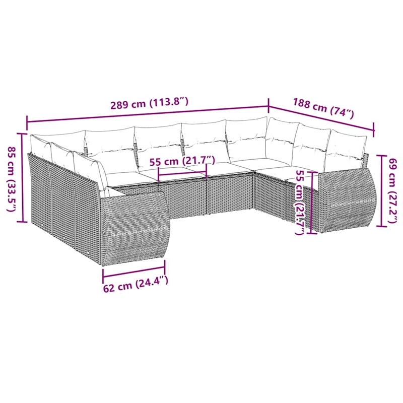 Afuera Living Contemporary 9 Piece Poly Rattan Sofa Set in Gray
