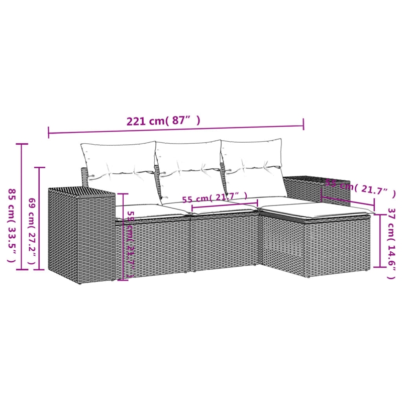 Afuera Living Contemporary 4 Piece Poly Rattan Sofa Set in Gray
