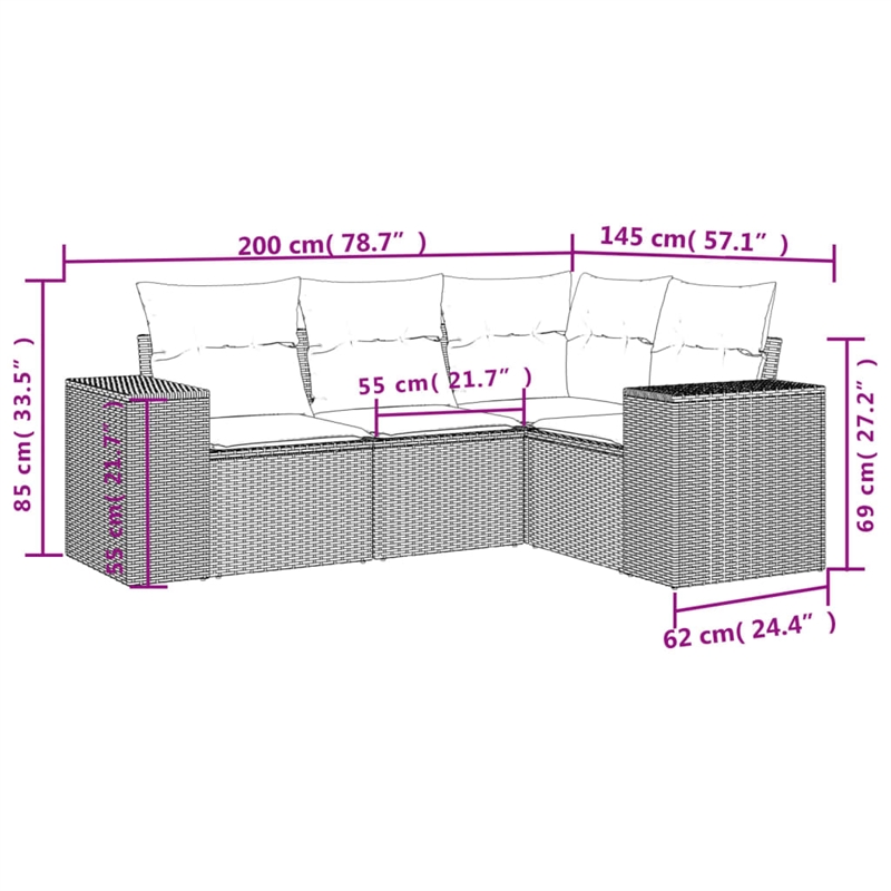 Afuera Living Contemporary 4 Piece Poly Rattan Medium Sofa Set in Black