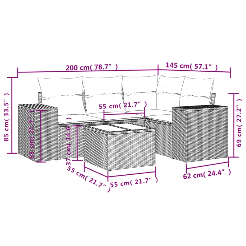 Afuera Living Contemporary Synthetic Poly Rattan 5 Piece  Sofa Set in Black