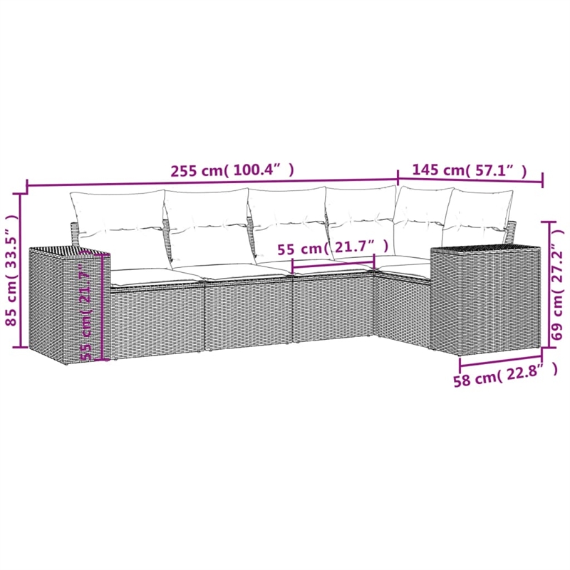 Afuera Living Contemporary 5 Piece Poly Rattan Small Sofa Set in Black