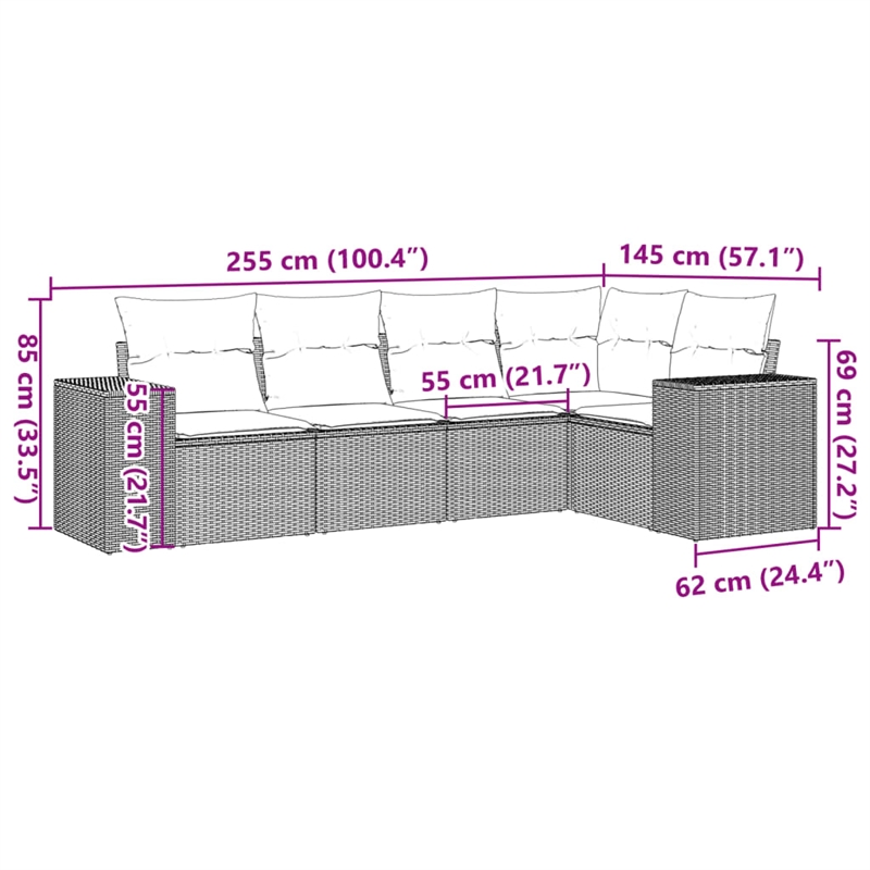 Afuera Living 5 Piece Poly Rattan Small Sofa Set in Gray/Beige