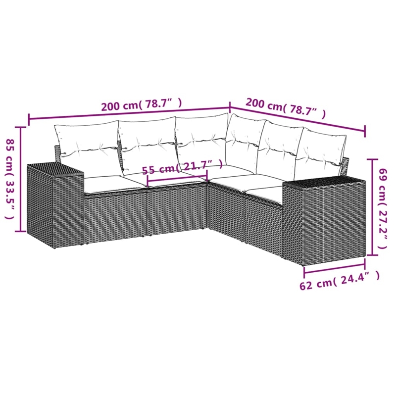 Afuera Living Contemporary 5 Piece Poly Rattan Sofa Set in Gray