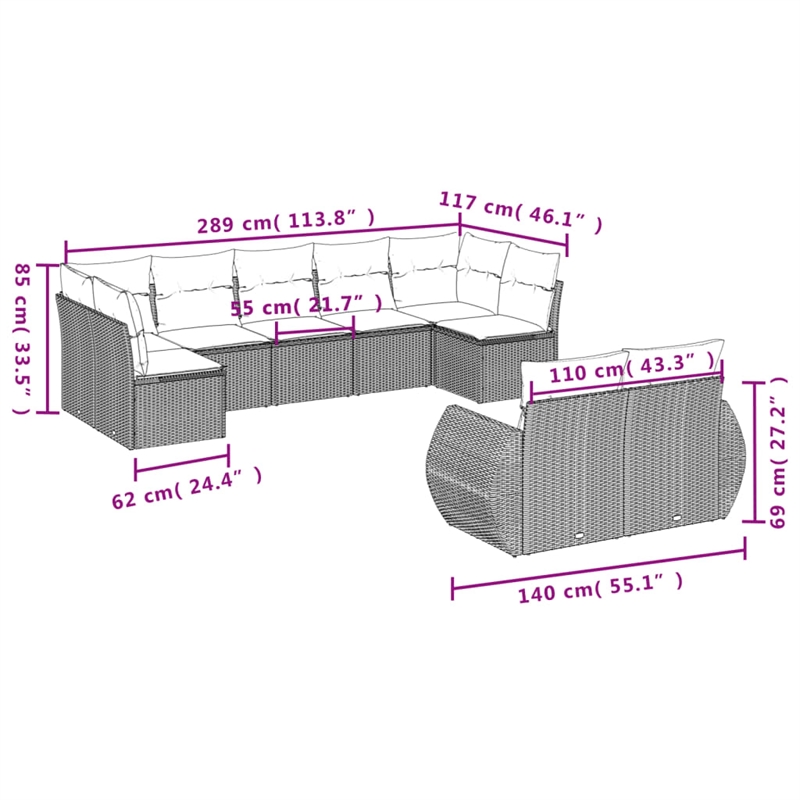 Afuera Living Contemporary Synthetic Poly Rattan 9 Piece  Sofa Set in Beige
