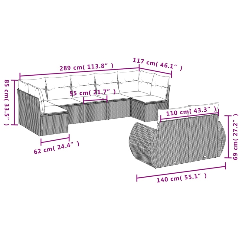Afuera Living Contemporary 9 Piece Poly Rattan Sofa Set in Gray