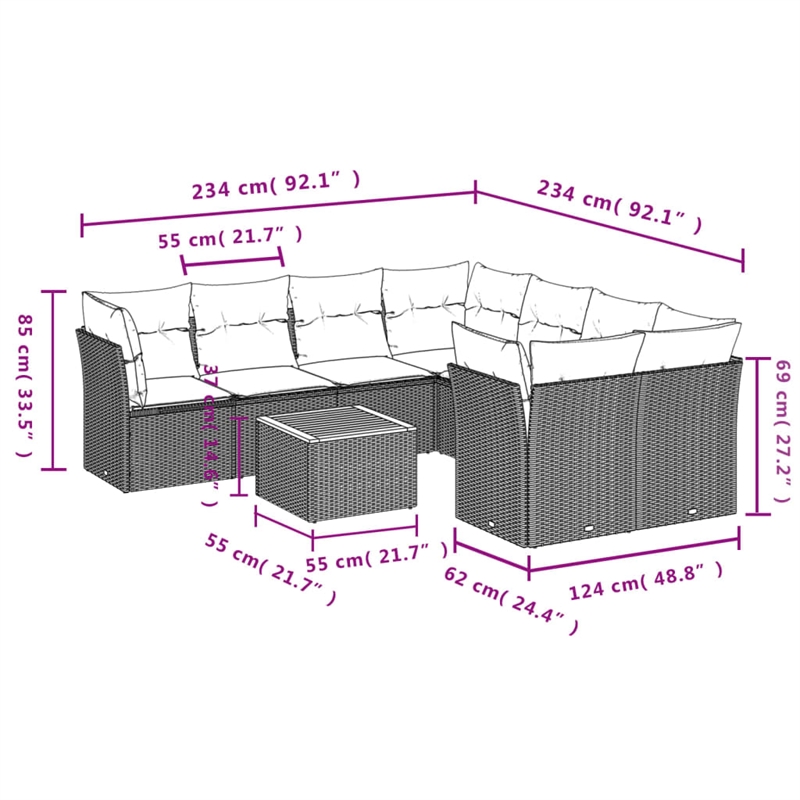 Afuera Living Contemporary 9 Piece Poly Rattan Sofa Set in Gray/Beige