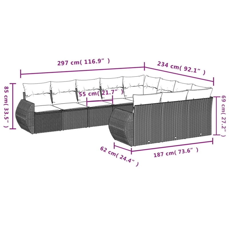 Afuera Living Contemporary Synthetic Poly Rattan 10 Piece  Sofa Set in Gray