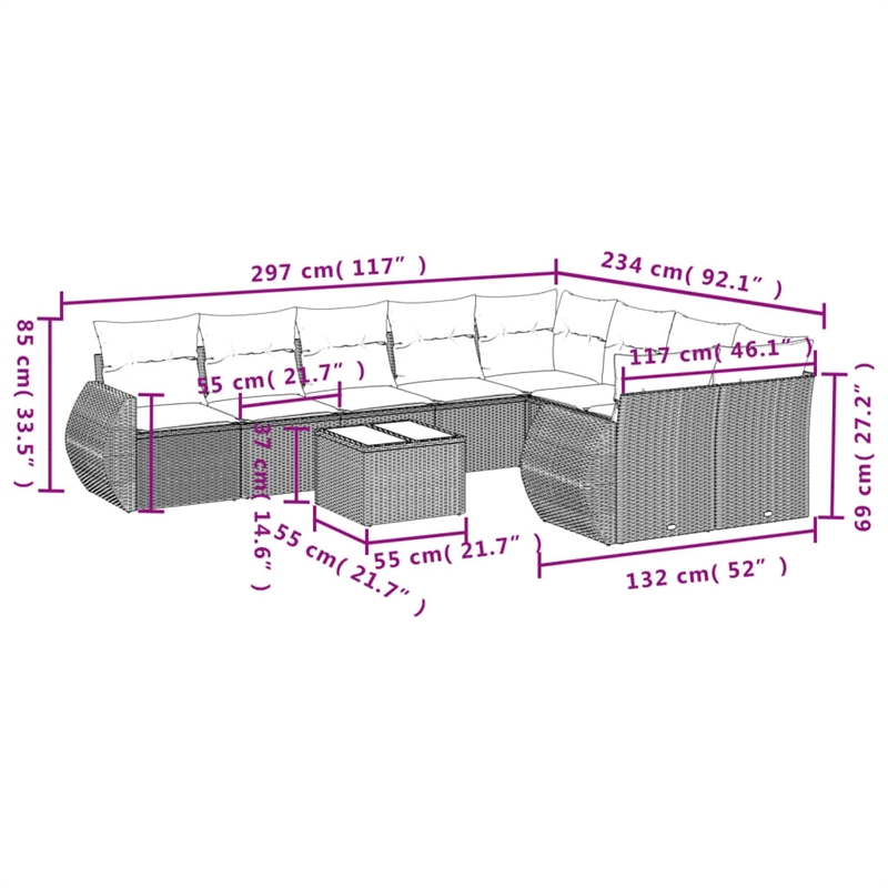 Afuera Living Contemporary 10 Piece Poly Rattan Large Sofa Set in Gray