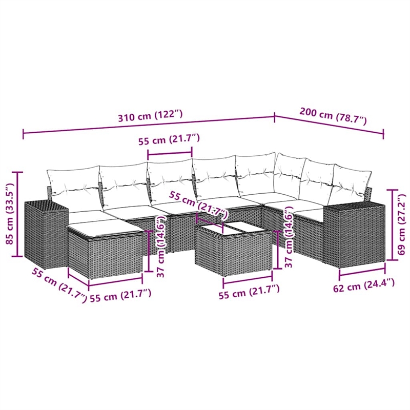 Afuera Living 9 Piece Poly Rattan Small Sofa Set in Black/Cream