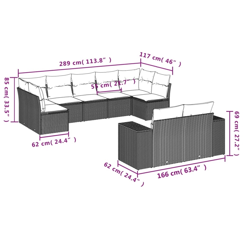 Afuera Living Contemporary 9 Piece Poly Rattan Sofa Set in Gray