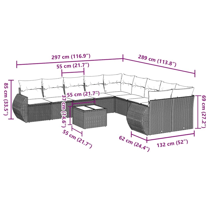 Afuera Living Contemporary 11 Piece Poly Rattan Sofa Set in Gray