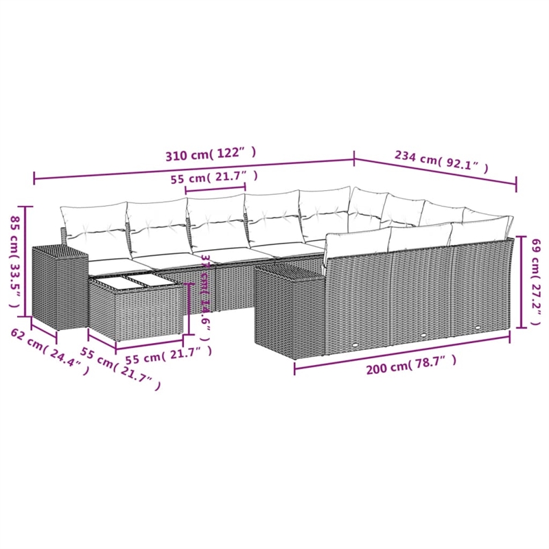 Afuera Living Contemporary Synthetic Poly Rattan 11 Piece  Sofa Set in Gray