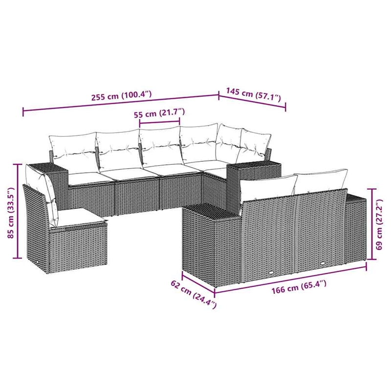 Afuera Living Contemporary 8 Piece Poly Rattan Sofa Set in Beige/Black