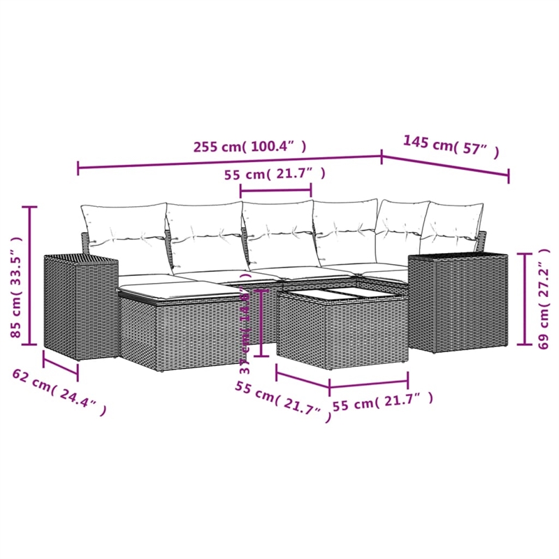 Afuera Living Contemporary 7 Piece Poly Rattan Sofa Set in Black