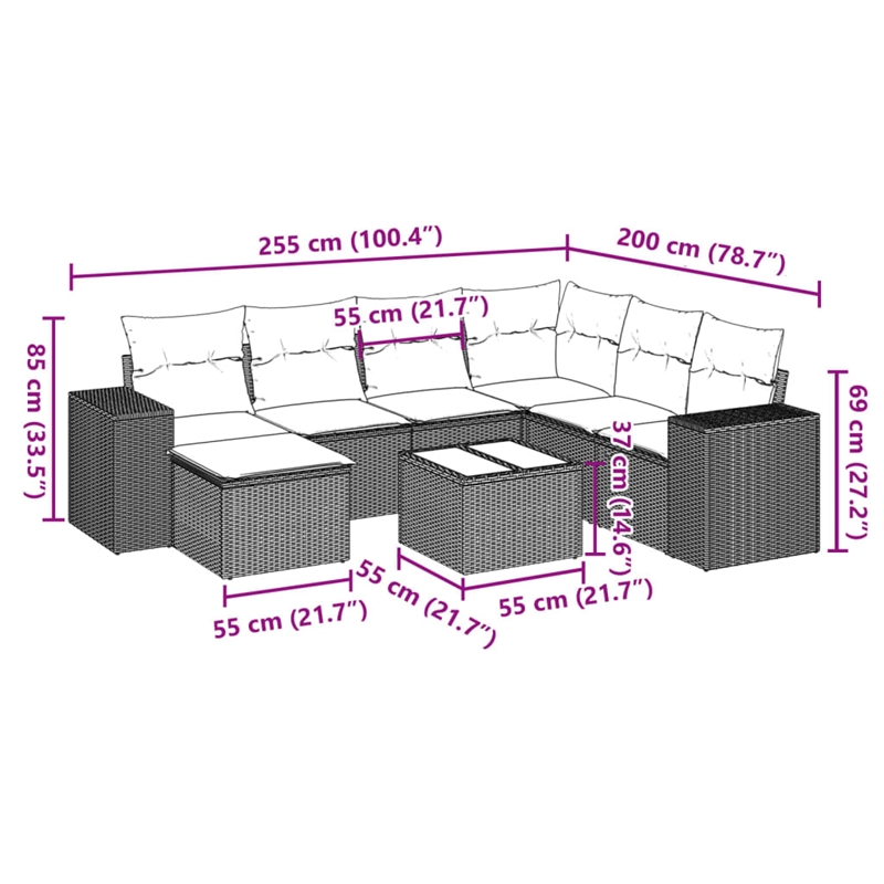 Afuera Living Contemporary Synthetic Poly Rattan 8 Piece Sofa Set in Black