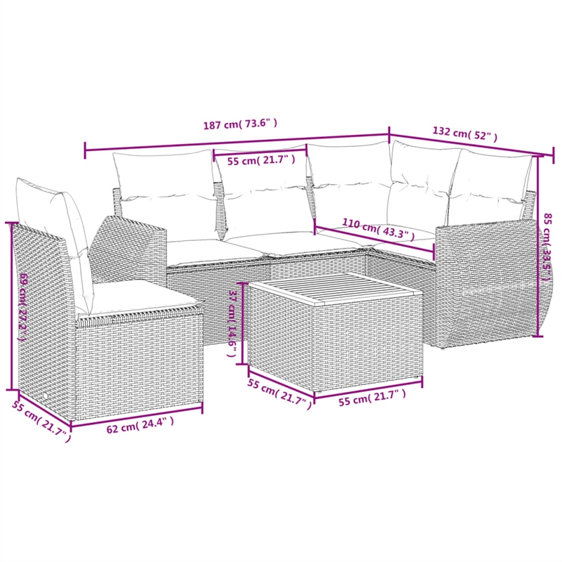 Afuera Living Contemporary 6 Piece Poly Rattan Sofa Set in Black/Cream