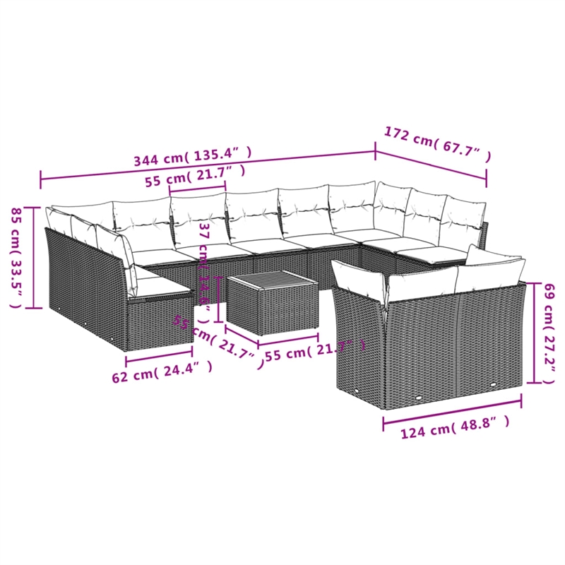 Afuera Living Contemporary Synthetic Poly Rattan 13 Piece Sofa Set in Gray
