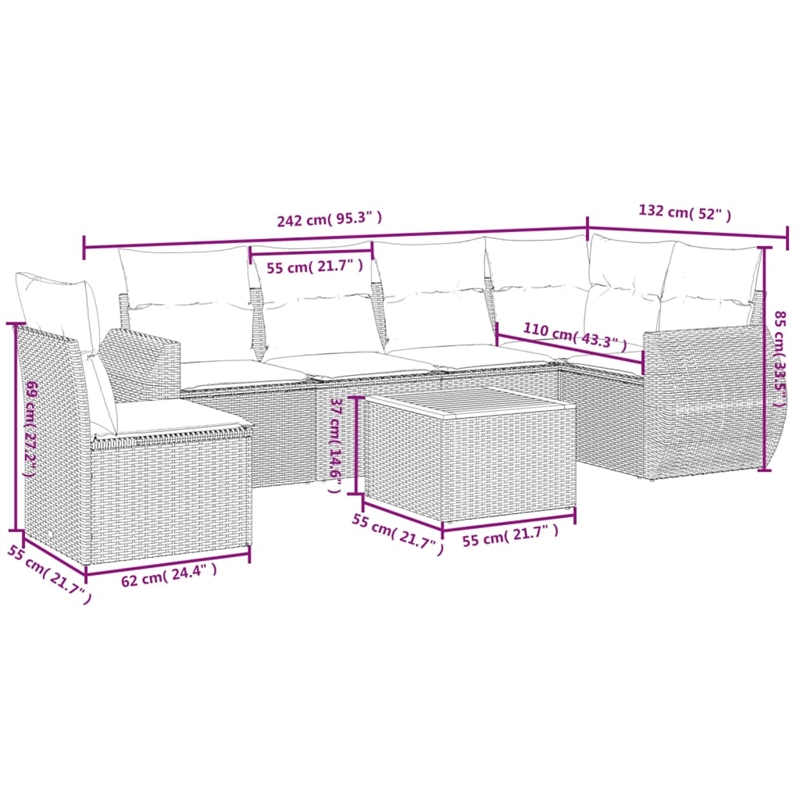 Afuera Living Contemporary 7 Piece Poly Rattan Sofa Set in Black/Cream