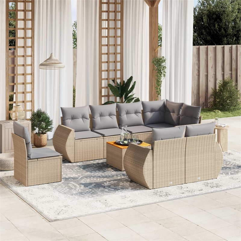 Afuera Living Contemporary Synthetic Poly Rattan 9 Piece Sofa Set in Beige