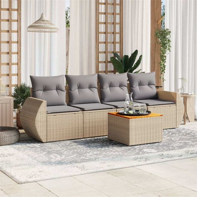 Afuera Living Contemporary Synthetic Poly Rattan 5 Piece  Sofa Set in Beige