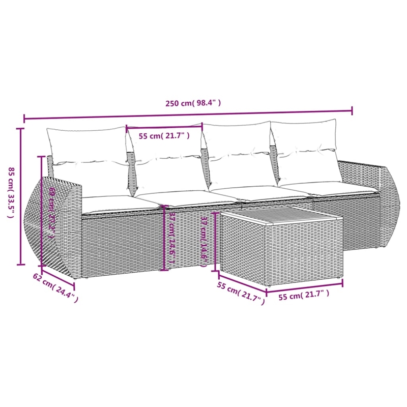Afuera Living Contemporary 5 Piece Poly Rattan Small Sofa Set in Gray