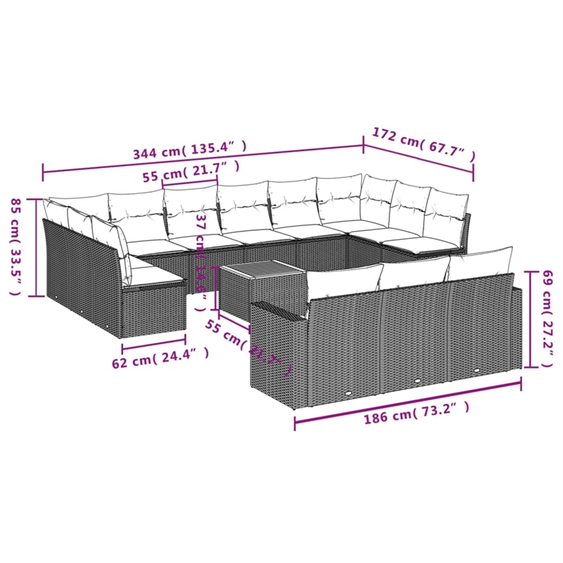 Afuera Living Contemporary 14 Piece Poly Rattan Sofa Set in Black