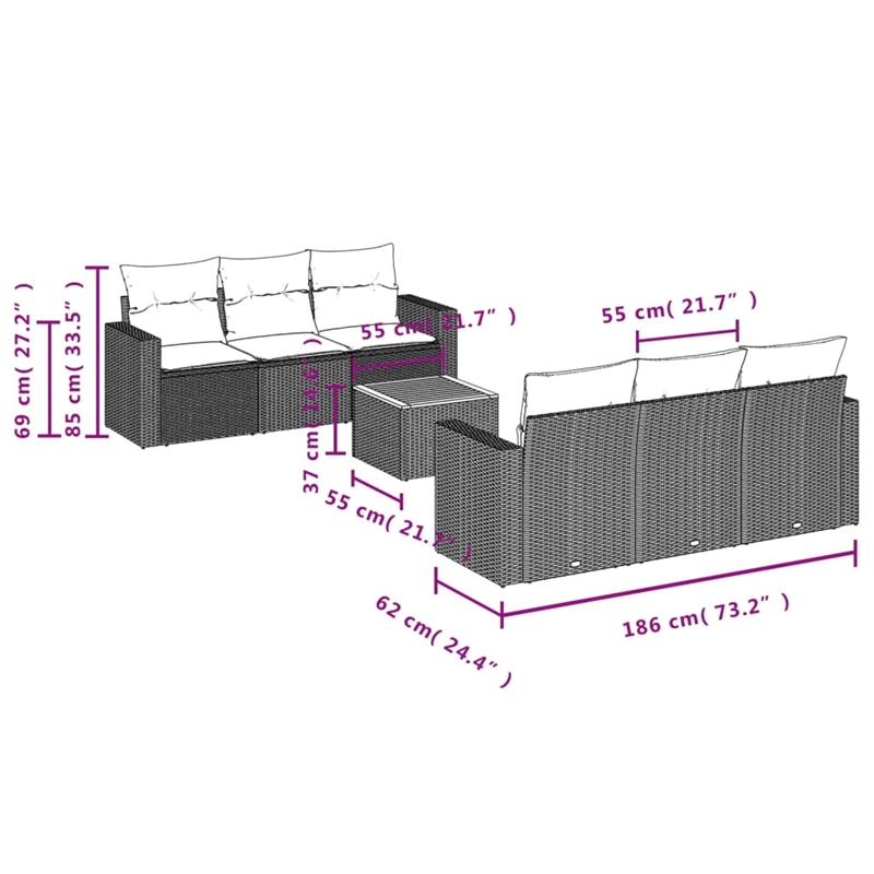 Afuera Living Contemporary 7 Piece Poly Rattan Small Sofa Set in Gray