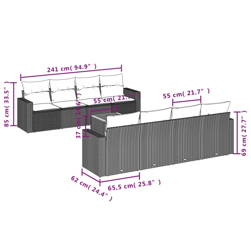 Afuera Living Contemporary Synthetic Poly Rattan 9 Piece  Sofa Set in Gray