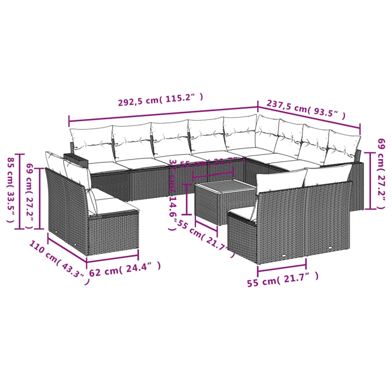 Afuera Living Contemporary 13 Piece Poly Rattan Large Sofa Set in Black