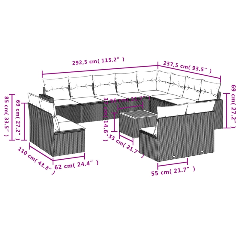 Afuera Living Contemporary Synthetic Poly Rattan 13 Piece Sofa Set in Gray