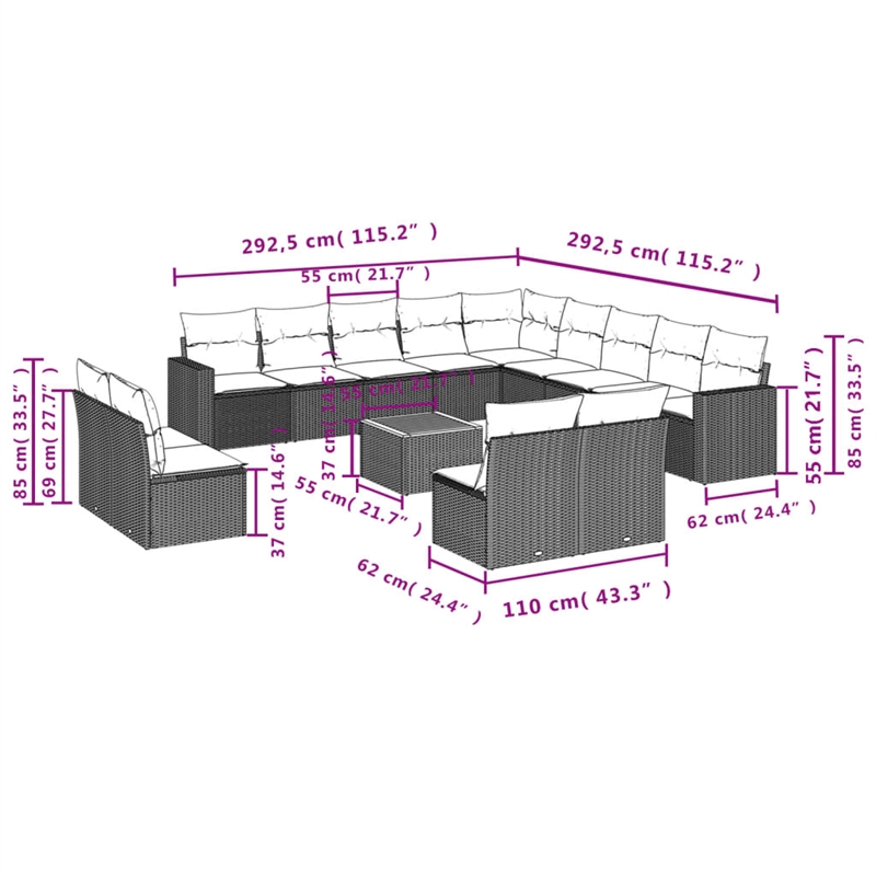 Afuera Living Contemporary 14 Piece Poly Rattan Sofa Set in Gray
