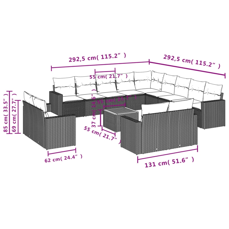 Afuera Living Contemporary 14 Piece Poly Rattan Sofa Set in Beige