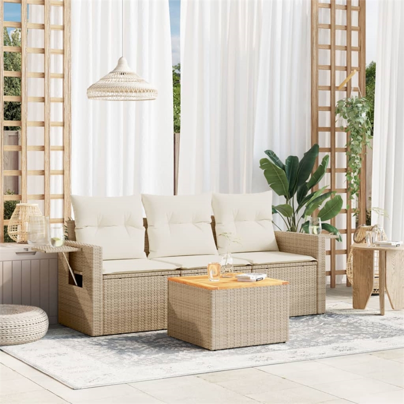 Afuera Living Contemporary Synthetic Poly Rattan 4 Piece  Sofa Set in Beige