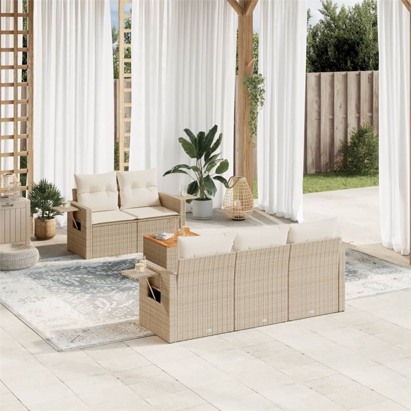 Afuera Living Contemporary 6 Piece Poly Rattan Sofa Set in Cream/Beige