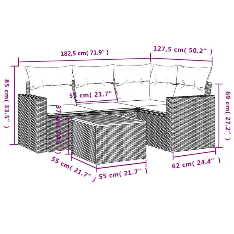 Afuera Living Contemporary 5 Piece Poly Rattan Sofa Set in Gray/Beige