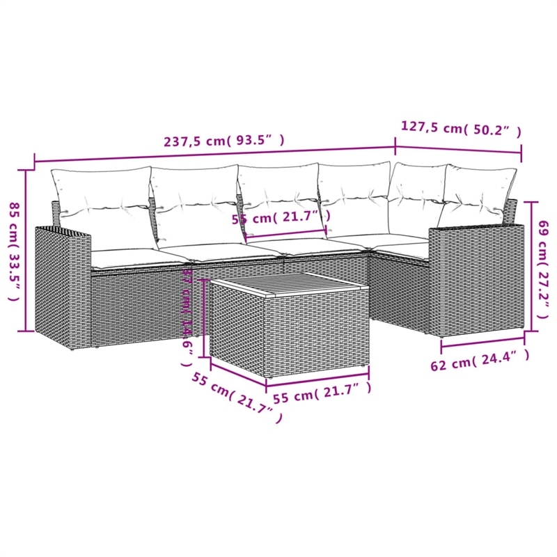 Afuera Living 6 Piece Poly Rattan Small Sofa Set in Black/Cream