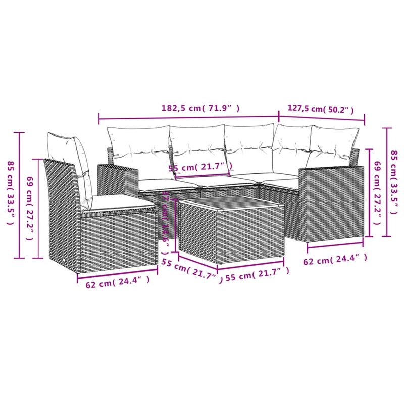Afuera Living Contemporary 6 Piece Poly Rattan Sofa Set in Gray